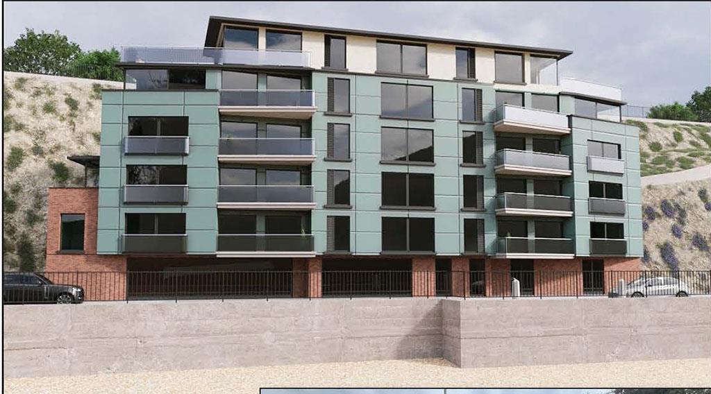 Lot: 33 - PLANNING FOR THIRTEEN SEAFRONT FLATS WITH BALCONIES AND SEA VIEWS WITH GROUND FLOOR CAFÉ - Proposed elevation from front